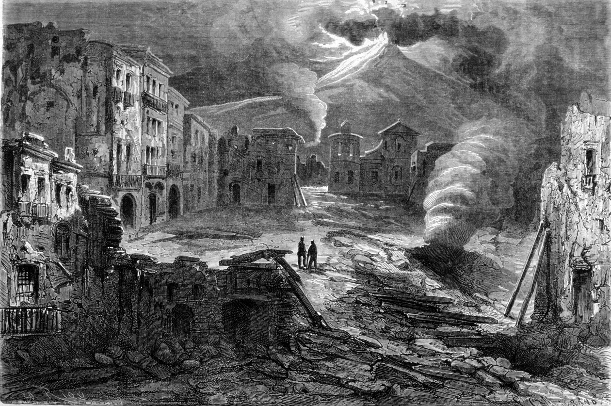 1861 年 8 月 12 日维苏威火山爆发期间的托雷德尔格列柯广场的其余部分。 作者 未知艺术家