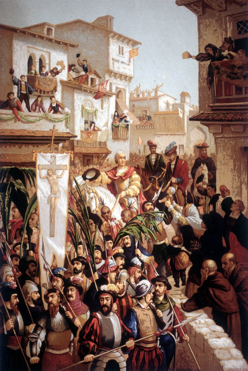 1493 年，意大利裔航海家克里斯托弗·哥伦布（Christopher Columbus，1451-1506 年）返回西班牙。 作者 未知艺术家
