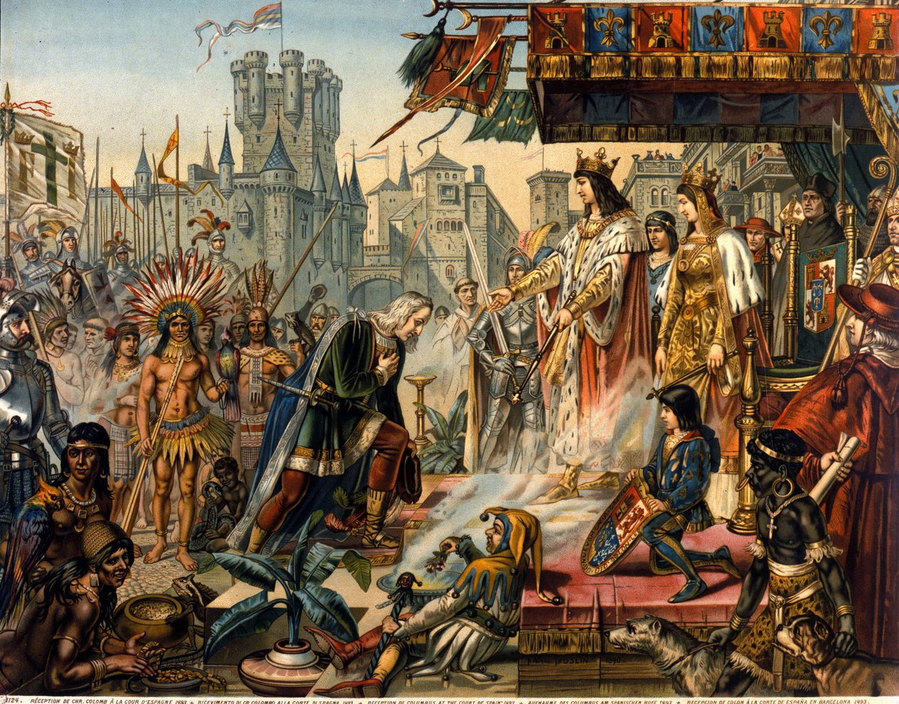 The return of Christopher Columbus to Spain before King Ferdinand II of Aragon and Isabella 1st of Castile (called the Catholic) after discovering America. Engraving of the 19th century. 作者 未知艺术家