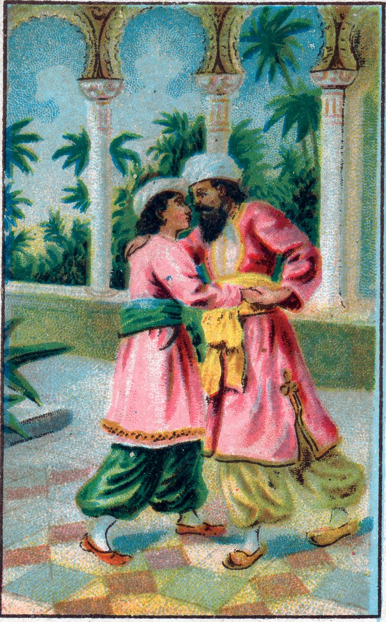 王子的回归。故事 "Histoire du cheval enchante "在 "Les mille et une nuits"(les 1001 nuits ou Le mille e una notte, Arabian Nights)。19世纪末的彩色石版画。 作者 未知艺术家