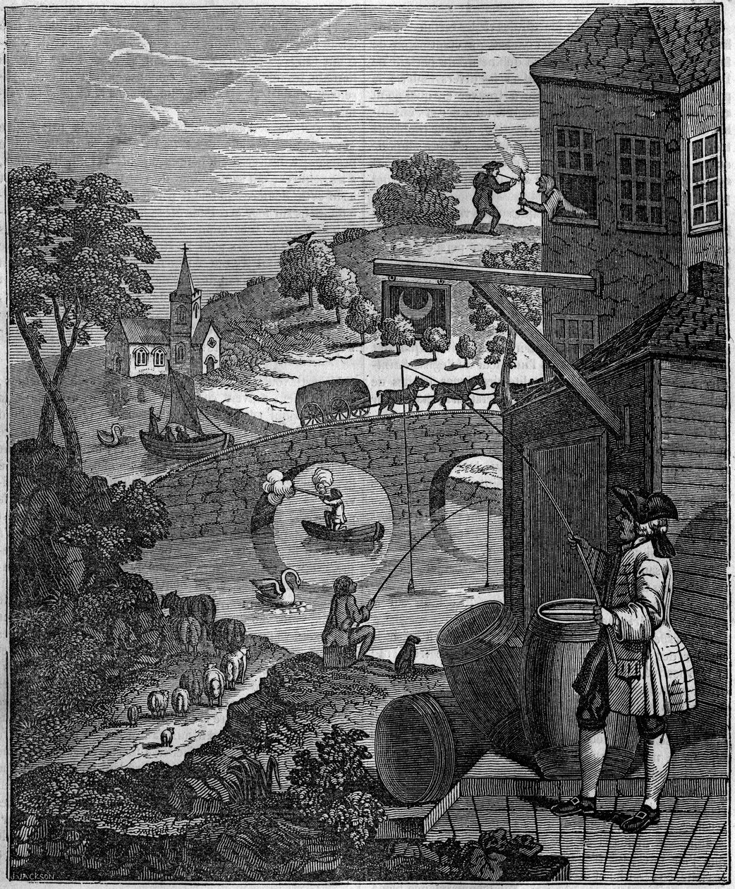 荒谬的透视法 威廉-霍加斯（1697-1764）的讽刺插图，嘲笑画家的透视艺术，提出了现实中由于距离问题不可能出现的物体和人的平面层次。 作者 未知艺术家