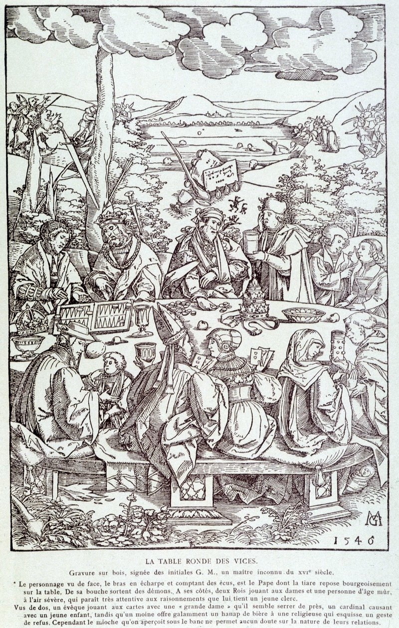 恶习的圆桌：游戏、贪婪、欲望、骄傲......- 1546年版画 作者 未知艺术家