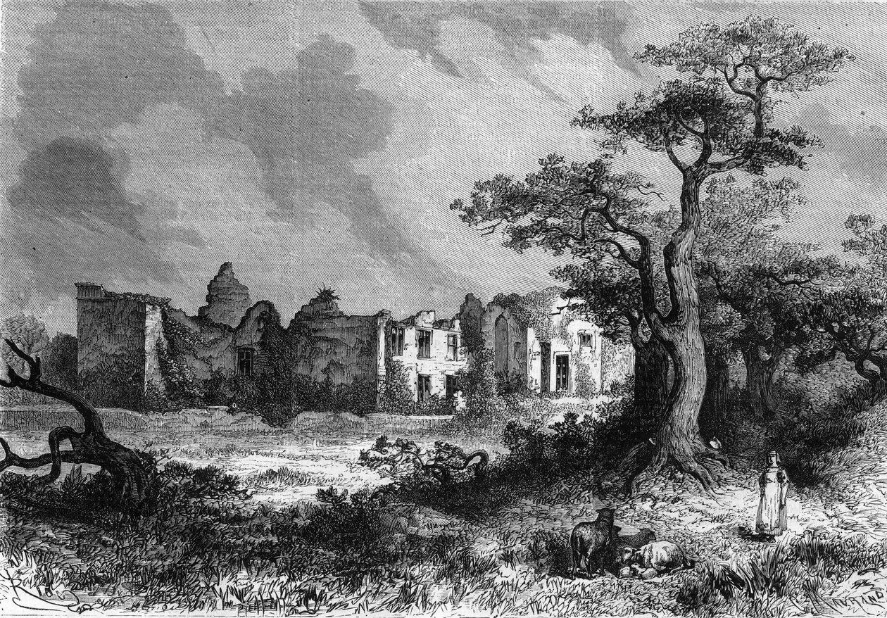 普瓦图-夏朗德地区Deux-Sevres（德塞夫尔）省Parthenay附近的La Mailleraye城堡遗址。"图说宇宙 "中的雕版画 作者 未知艺术家
