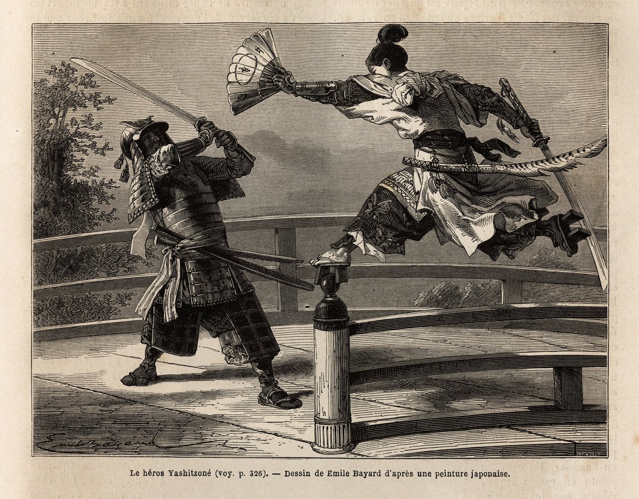 武士Yashitsune在桥的屏障上保持平衡，攻击穿着盔甲的武士。1863-1864年，瑞士联邦部长艾梅-亨伯特在 "Le tour du monde, nouveau journal des voyages "中为其日本之行绘制的版画。 作者 未知艺术家