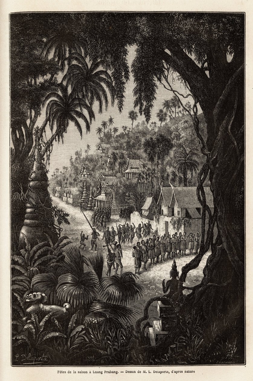 The season celebrations in Luang Prabang, royal capital of Lan Xang (kingdom of the million elephants) (present-day Laos), consisting of a procession of the inhabitants and a pagoda of worship throughout the city. Engraving to illustrate a voyage of explor 作者 未知艺术家