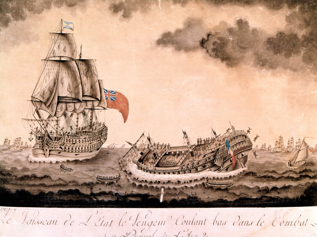 1794年6月1日，英国舰队在布雷斯特附近沉没的 "复仇者 "号沉船。18世纪末、19世纪初的版画。 作者 未知艺术家