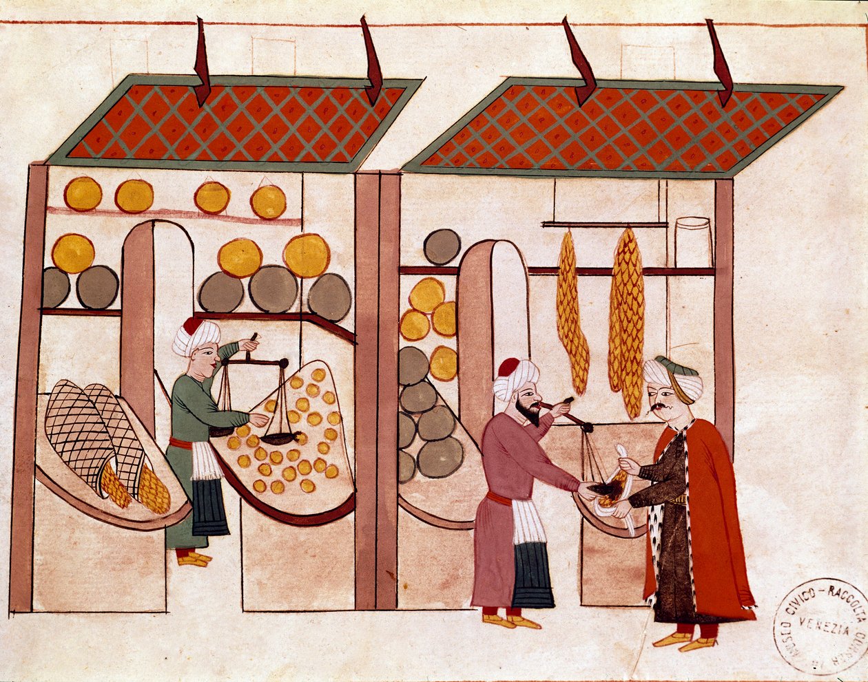 四季商人的商店，关于水果和蔬菜的恶习 根据17世纪（1671年）的原作制作的19世纪（1828年）的Cicogna手稿的微型画。威尼斯，Marciana图书馆 作者 未知艺术家