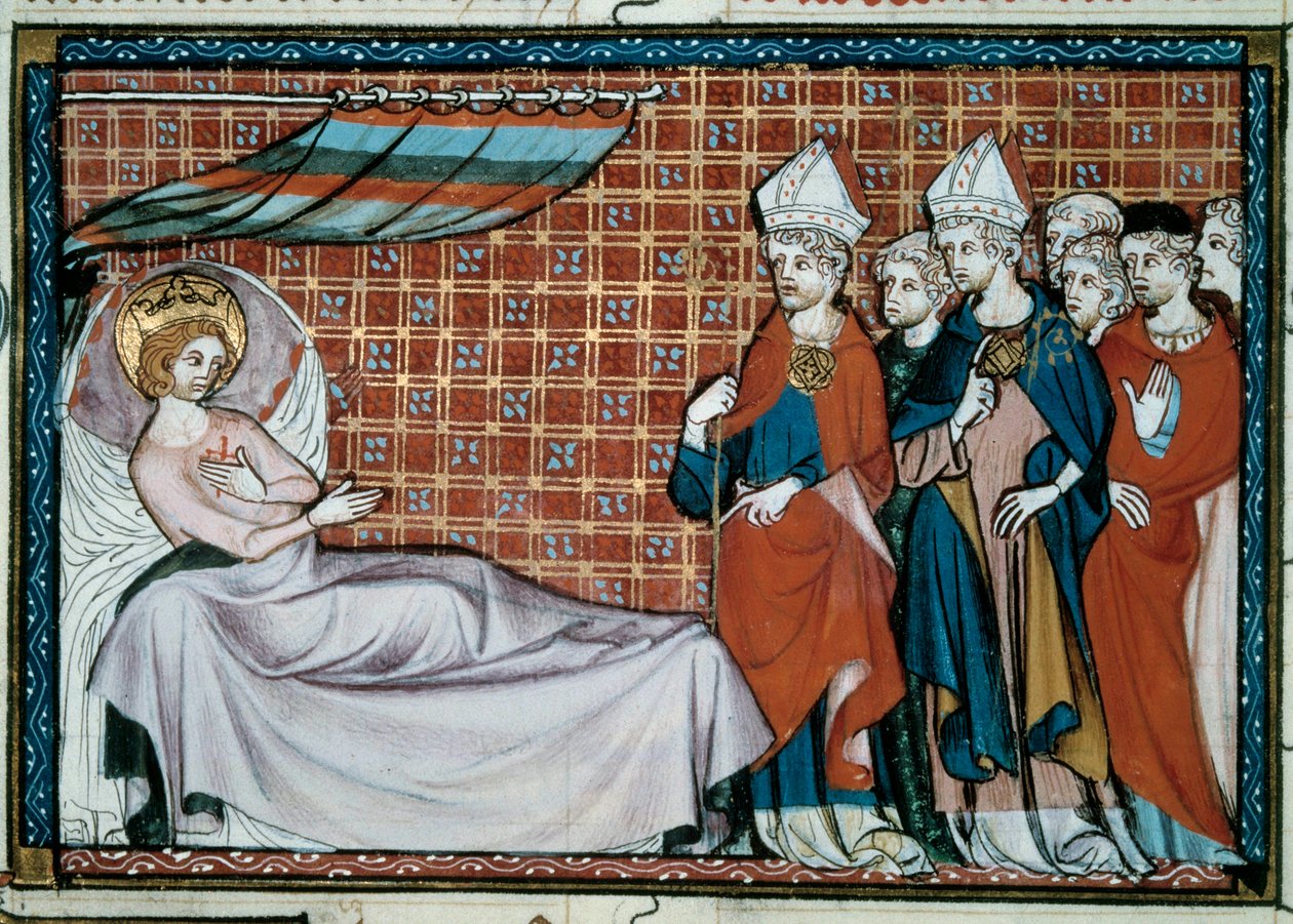 生病的法国国王圣路易 (Louis IX) (1214-1270) 向他的亲戚和神职人员致辞。 圣帕修斯的威廉手稿“圣路易斯的生活与奇迹”的缩影 作者 未知艺术家