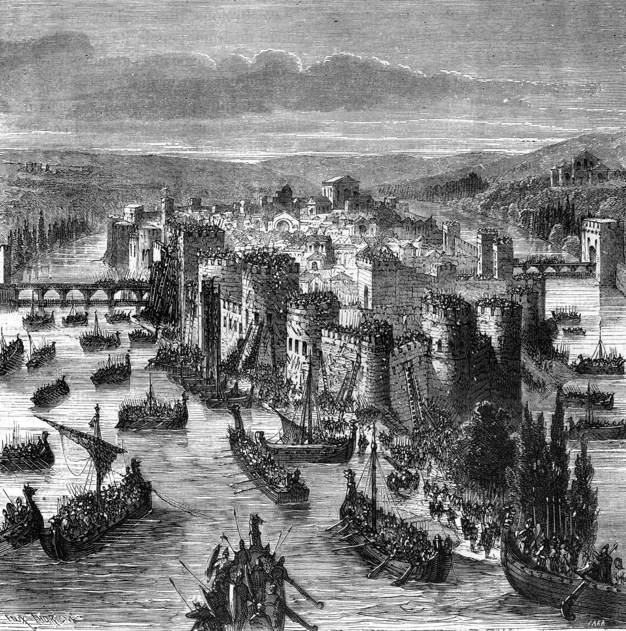885年诺曼人对巴黎的围攻--载于亨利-马丁的《法国历史》。 作者 未知艺术家