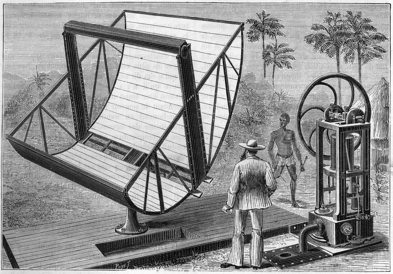 约翰-爱立信（1803-1889）在1883年实验的太阳能机器，他是一位来自瑞典的美国工程师，是太阳能利用之父之一。 在 "自然。科学及其在艺术和工业中的应用回顾"。 作者 未知艺术家