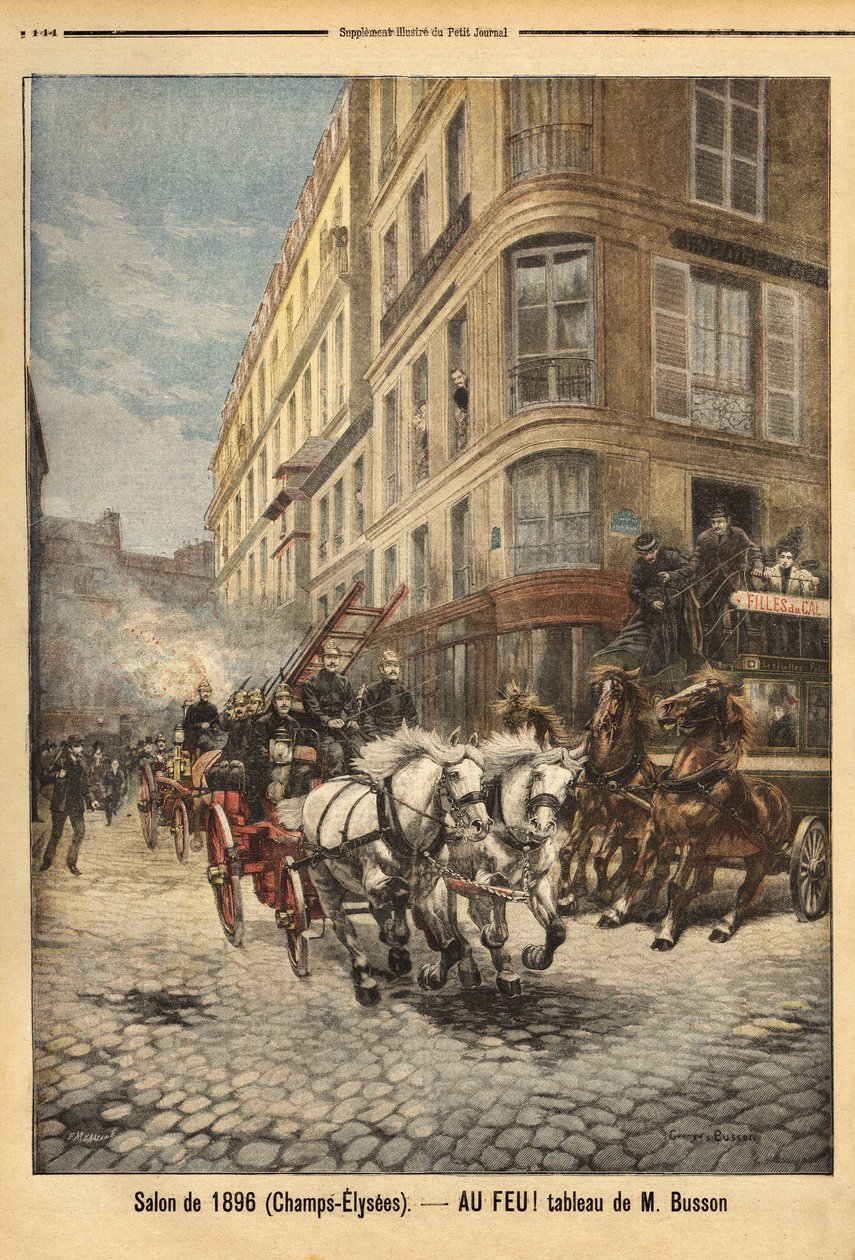 根据布森先生的一幅画，巴黎消防员的蒸汽泵和车辆。 1896 年 5 月 3 日在“Le petit journal”上雕刻。 塞尔瓦的收藏。 作者 未知艺术家