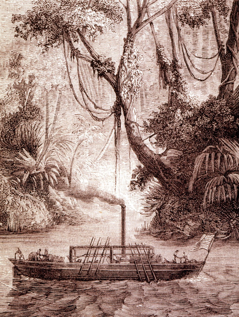 1791 年左右，美国发明家约翰·费奇 (John Fitch) 在特拉华河上的汽船。 作者 未知艺术家