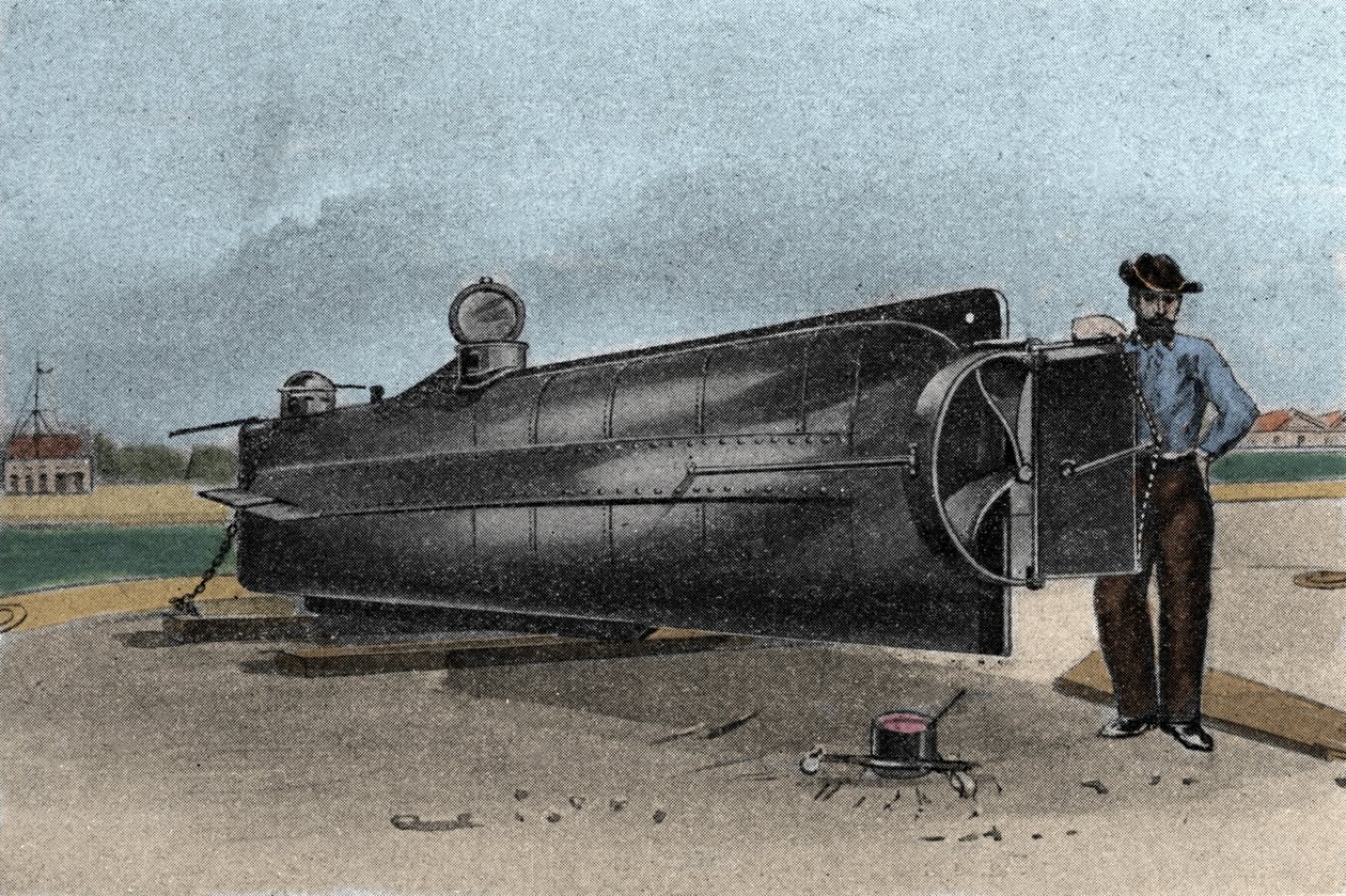 联邦海军在分离战争期间使用的潜艇（潜艇）CSS H. L. Hunley。 1861-1865 年 19 世纪的雕刻 作者 未知艺术家