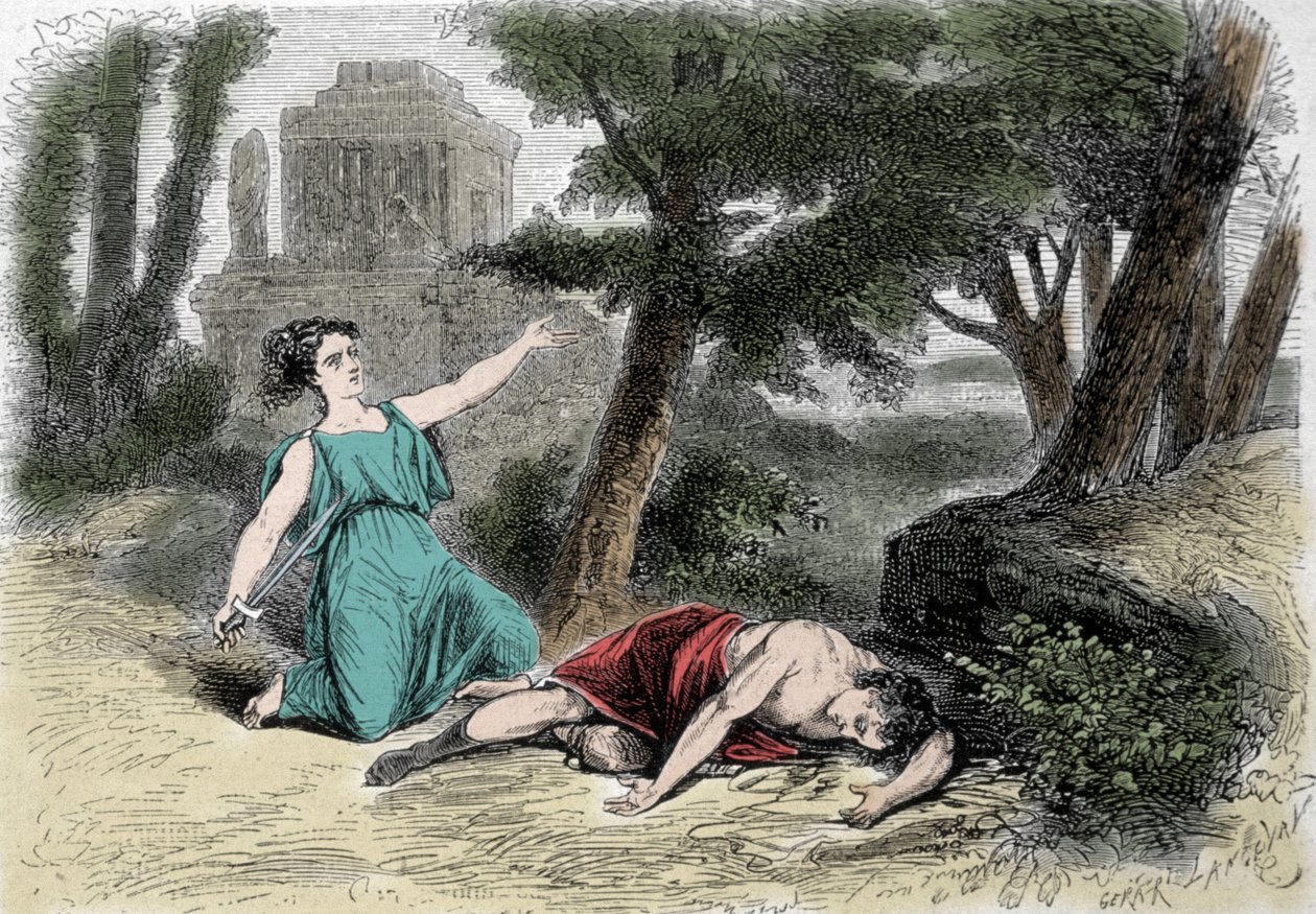 The suicide of Pyramus (Pirame) under the murier and the death of Thisbe. Convinced that the lioness had devore Thisbe, Pyramus gave himself death and covered the white mores with her blood. Thisbe, hiding to escape the lion, finds his love dead and suicid 作者 未知艺术家