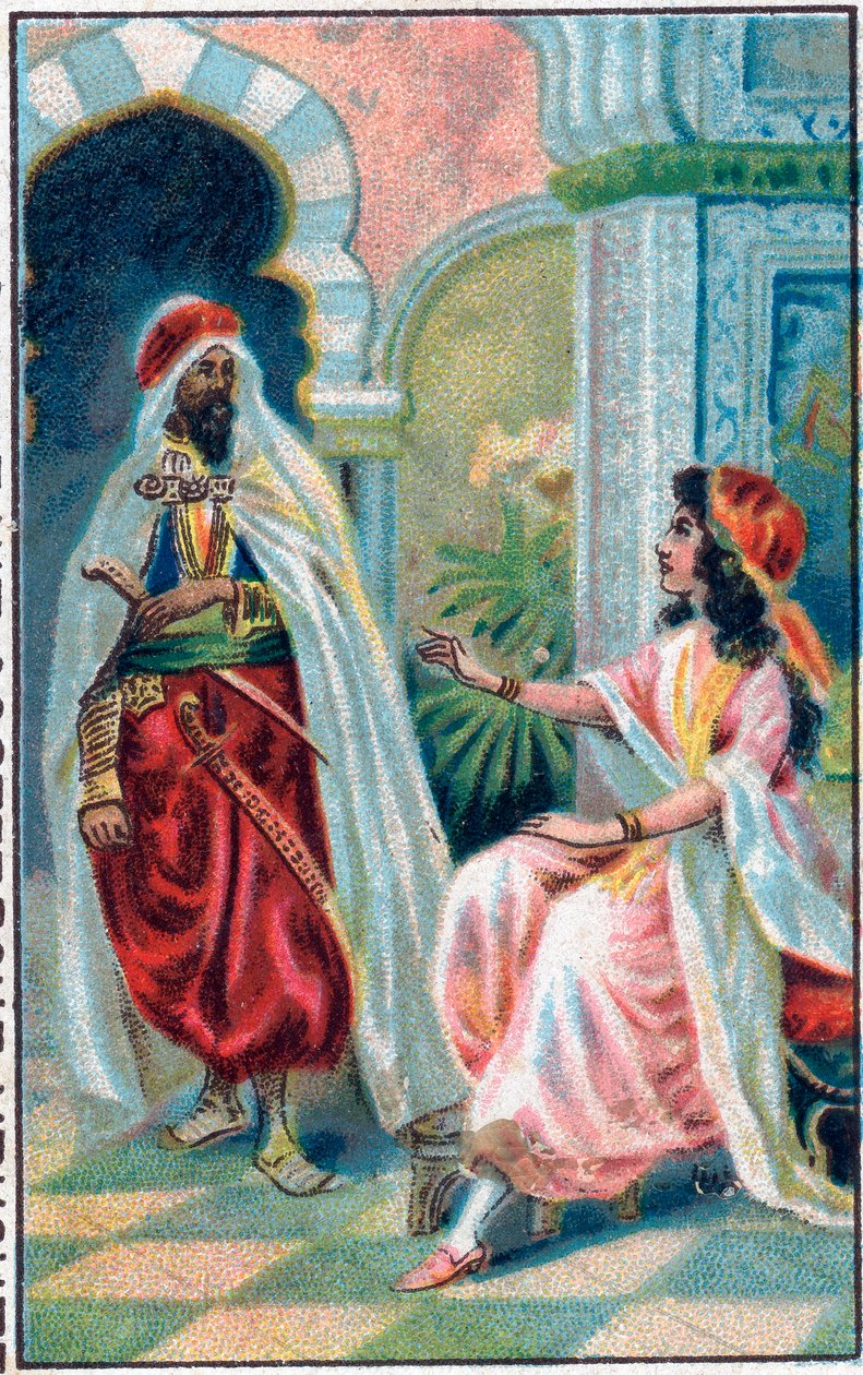 苏丹和公主。故事 "Histoire du cheval enchante "在 "Les mille et une nuits"(les 1001 nuits ou Le mille e una notte, Arabian Nights)。19世纪末的彩色石版画。 作者 未知艺术家