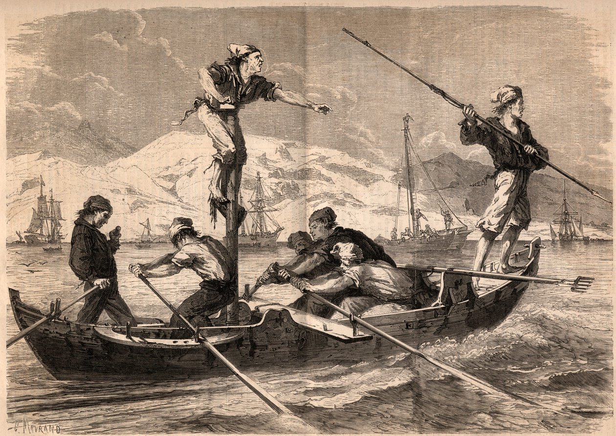 1862年，意大利西西里岛海岸的剑鱼鱼叉捕鱼（pesce spada，剑鱼）。1862年 "Le Monde illustrious "中的雕刻。私人收藏。 作者 未知艺术家