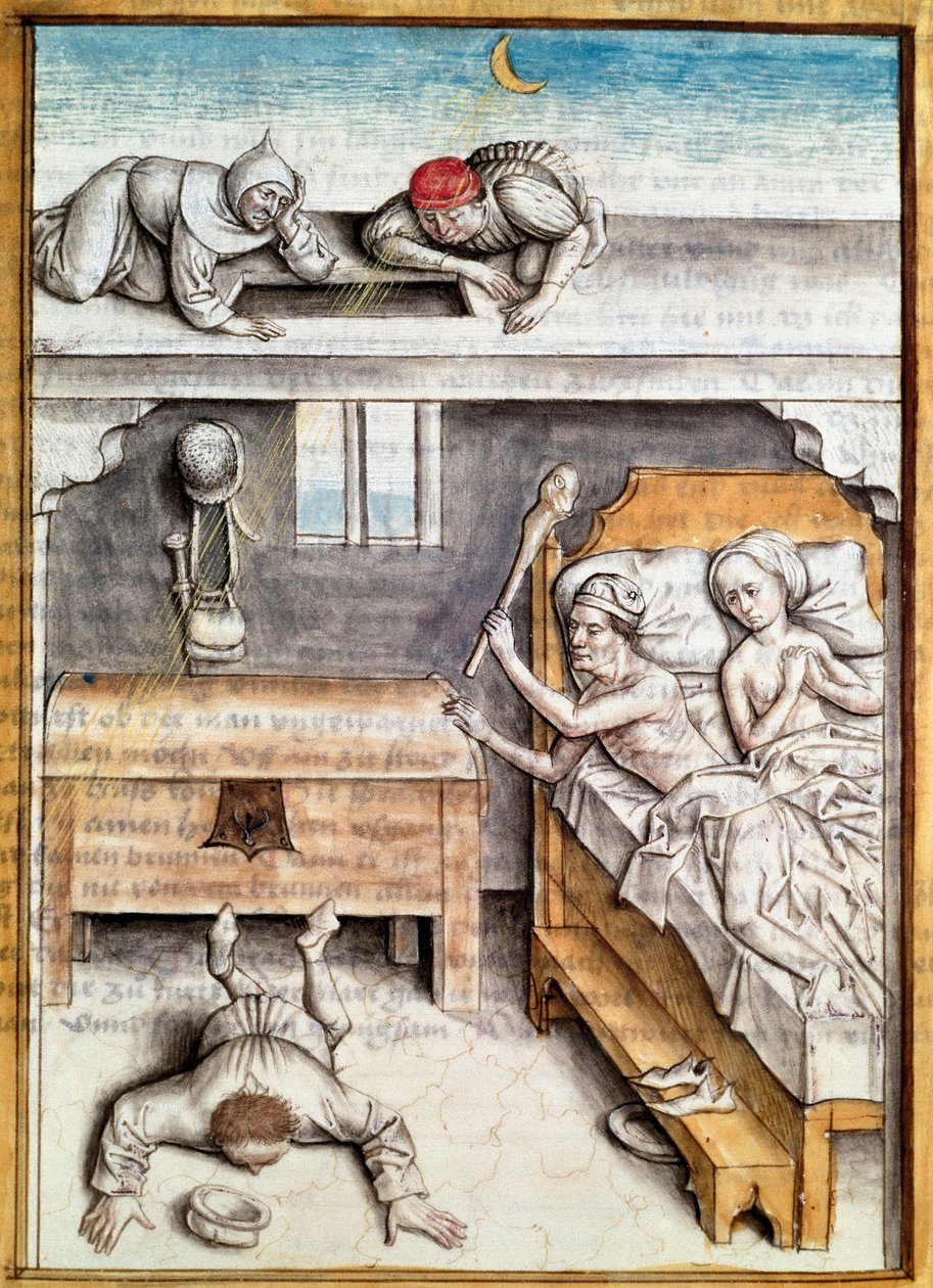 The thief who broke into a house is punished Miniature from a German translation of the fables of “Kalila (Calila) and Dimna” by Bidpai. (ms. 1389, fol. 4) around 1480 Chantilly, museum Conde 作者 未知艺术家