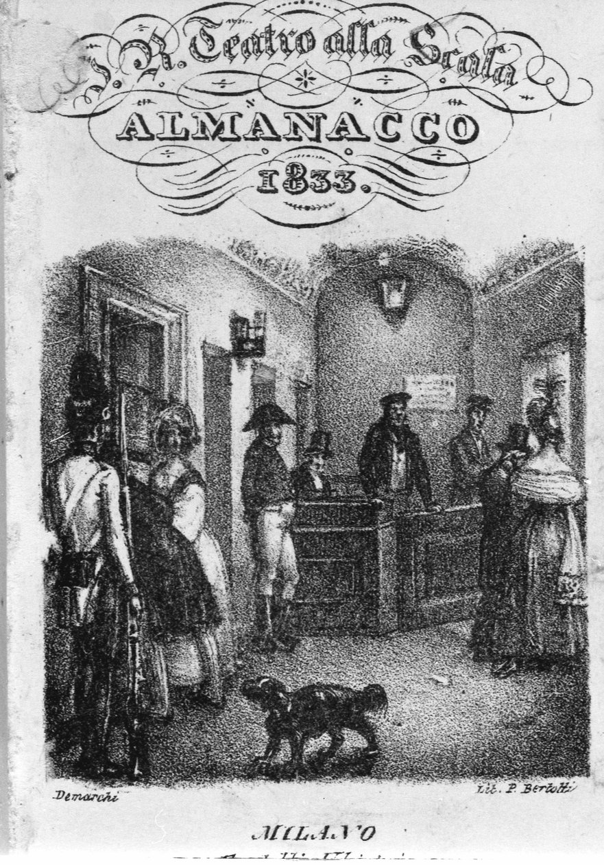 斯卡拉歌剧院的售票处，1833 年的年鉴。 作者 未知艺术家
