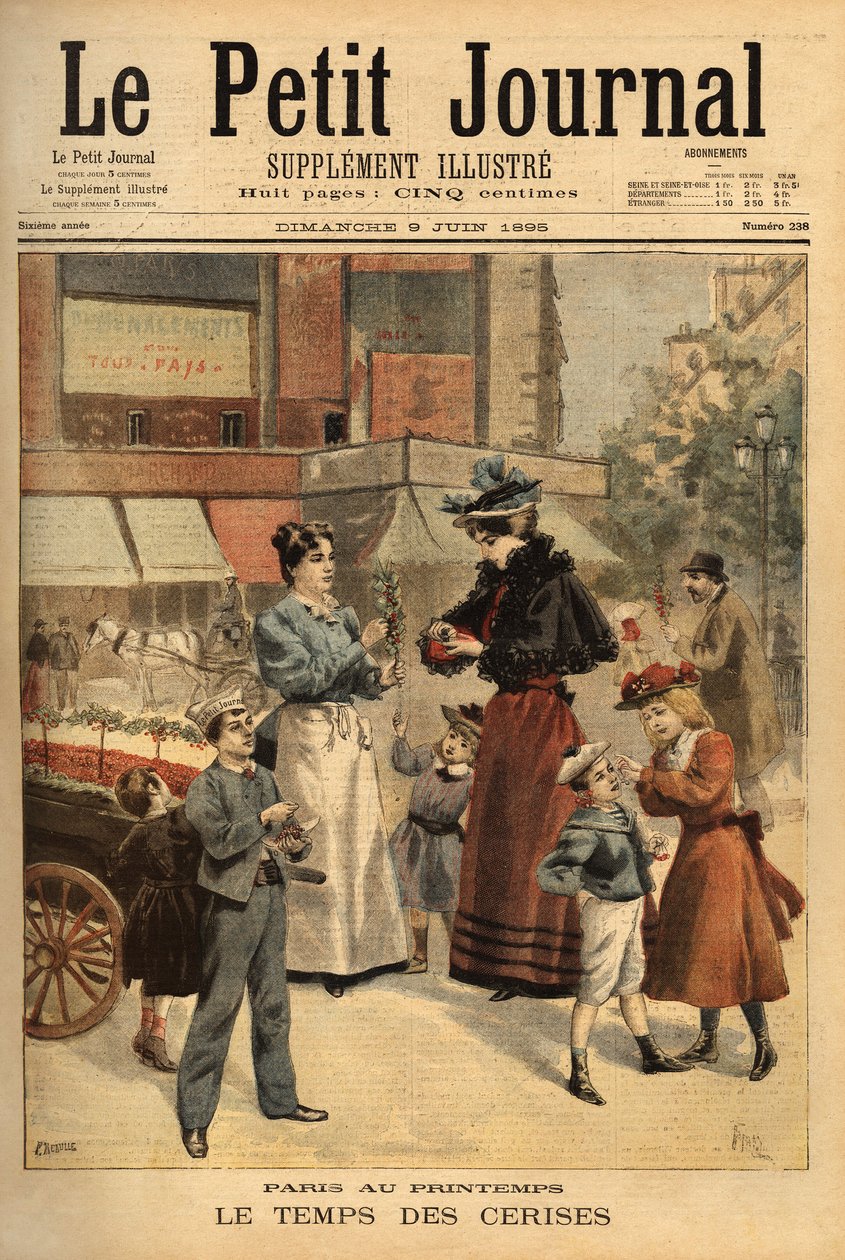 樱桃的时代，在巴黎的街道上行走的商人。1895年6月9日 "Le petit journal "上的版画。塞尔瓦的收藏。 作者 未知艺术家