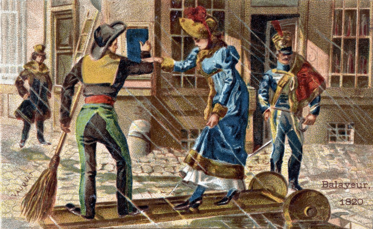 1820年的清扫工行业：一名清扫工帮助一名年轻妇女穿过水坑。 作者 未知艺术家