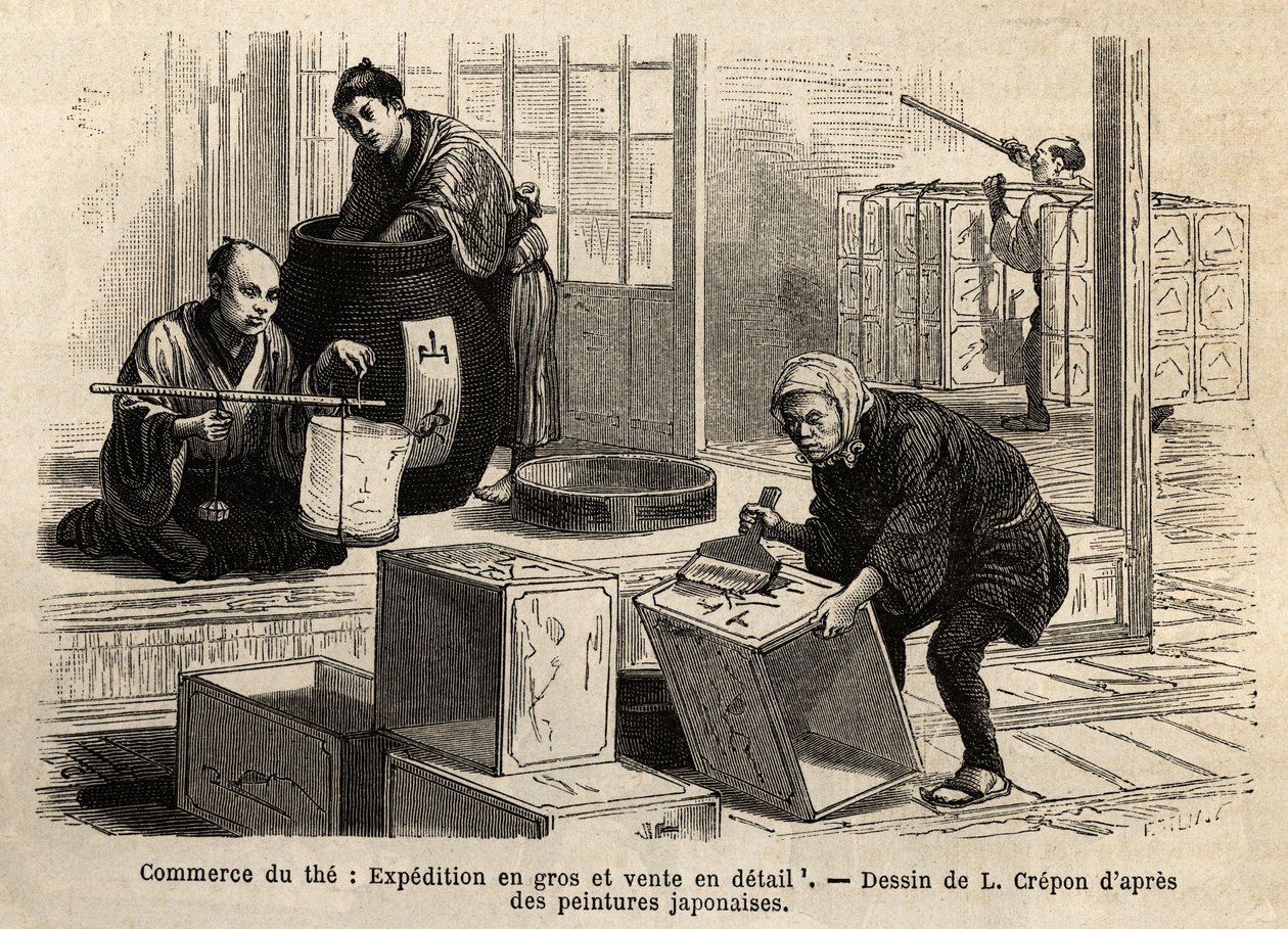 茶叶的贸易：批发和零售运输。瑞士联邦部长艾梅-亨伯特1863年至1864年的日本之行的插图，发表于《世界之旅》1869年，由爱德华-查顿编辑，Hachette出版社，Par 作者 未知艺术家