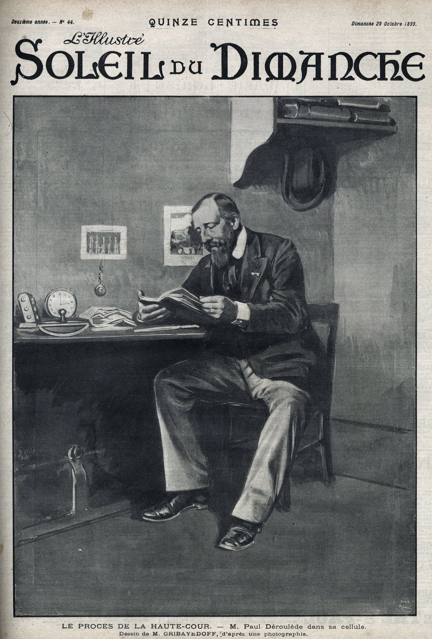 高等法院的审判。保罗-德鲁勒德先生（1846-1914），法国作家和民族主义活动家，是反德雷福斯主义的重要行动者，2月23日政变未遂后，在他的牢房。10月29日《太阳报》上的版画 作者 未知艺术家