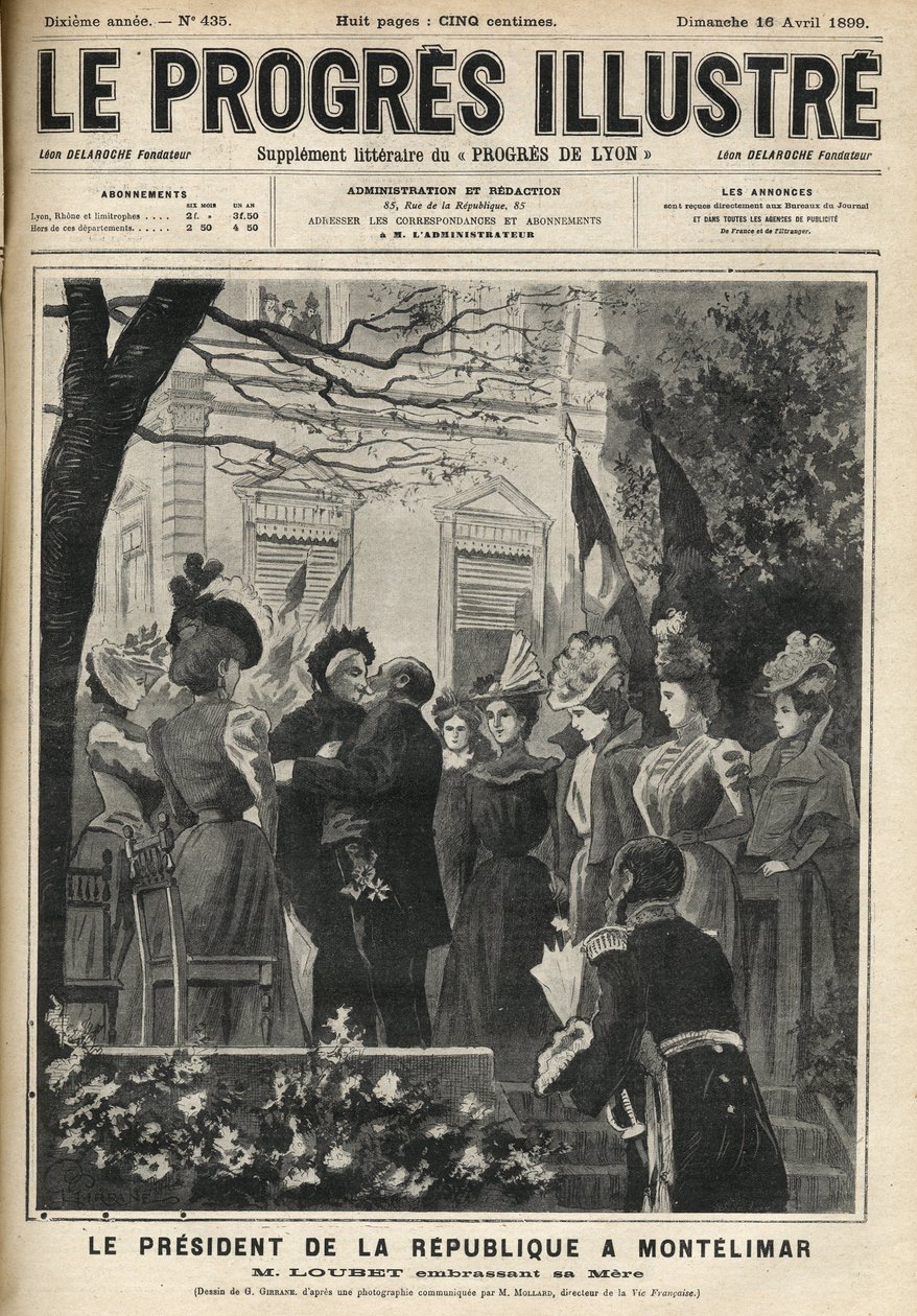 共和国总统的蒙特利玛尔之行（法国德龙省）。埃米尔-卢贝（1838-1929）和他的母亲。1899年4月 "辉煌的进步 "中的版画。 作者 未知艺术家