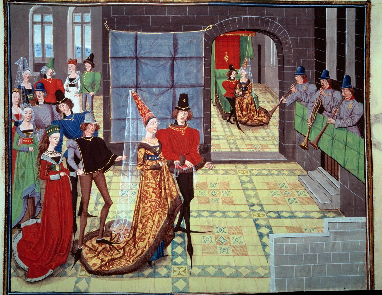 Renaud 和 Clarisse 的婚礼，在新婚之夜的背景中。 Loyset Liedet（活跃于 1448 至 1478 年）手稿“Renaud de Montauban”或“Les quatre fils Aymon”的缩影。 5073 女士。15 世纪的 Bibliotheque de l