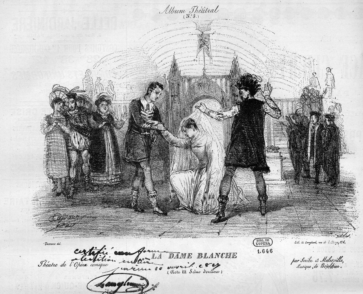 穿着1825年原始服装的白娘子。Francois Adrien Boieldieu（1775-1834）的三幕歌剧。雕刻在 "世界插图 "中。 作者 未知艺术家