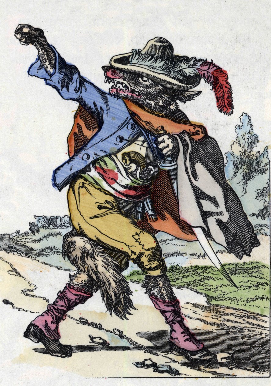 狼。根据让-德-拉封丹的寓言故事 "Compere le Loup, Maitre Renard, Comere la Chevre et ses petits biquets "的插图。载于《小家伙们的家庭故事》。19世纪的匿名版画。 作者 未知艺术家