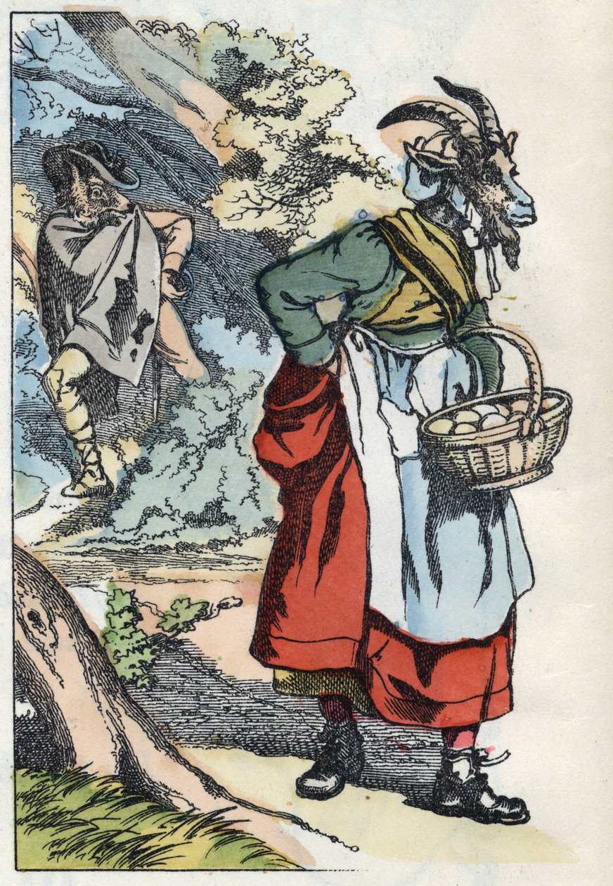 狼正在寻找离开家的山羊。根据让-德-拉封丹的寓言故事 "Compere le Loup, Maitre Renard, Comere la Chevre et ses petits biquets "的插图。载于 "小家伙们的家庭故事"。无名雕版画 作者 未知艺术家