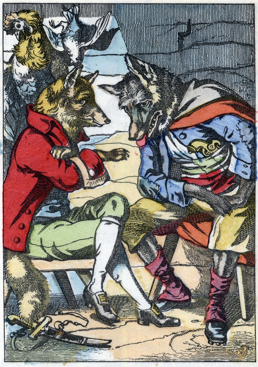 狼又遇到了狐狸。根据让-德-拉封丹的寓言故事 "Compere le Loup, Maitre Renard, Comere la Chevre et ses petits biquets "的插图。载于《小家伙们的家庭故事》。19世纪的匿名版画。 作者 未知艺术家