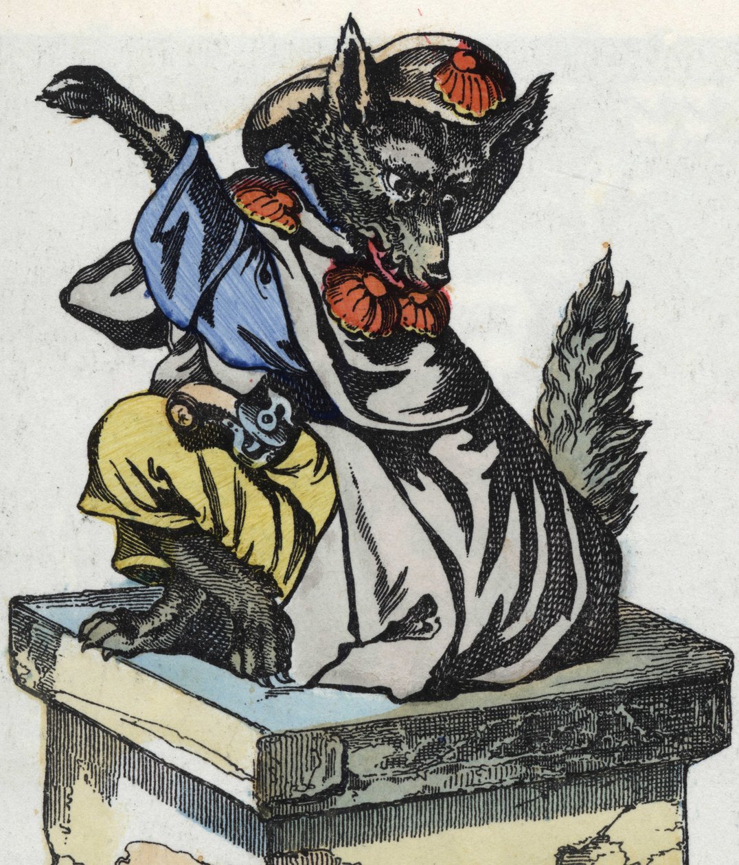 狼坐在烟囱上。根据让-德-拉封丹的寓言故事 "Compere le Loup, Maitre Renard, Comere la Chevre et ses petits biquets "的插图。载于《小家伙们的家庭故事》。19世纪的匿名版画。 作者 未知艺术家