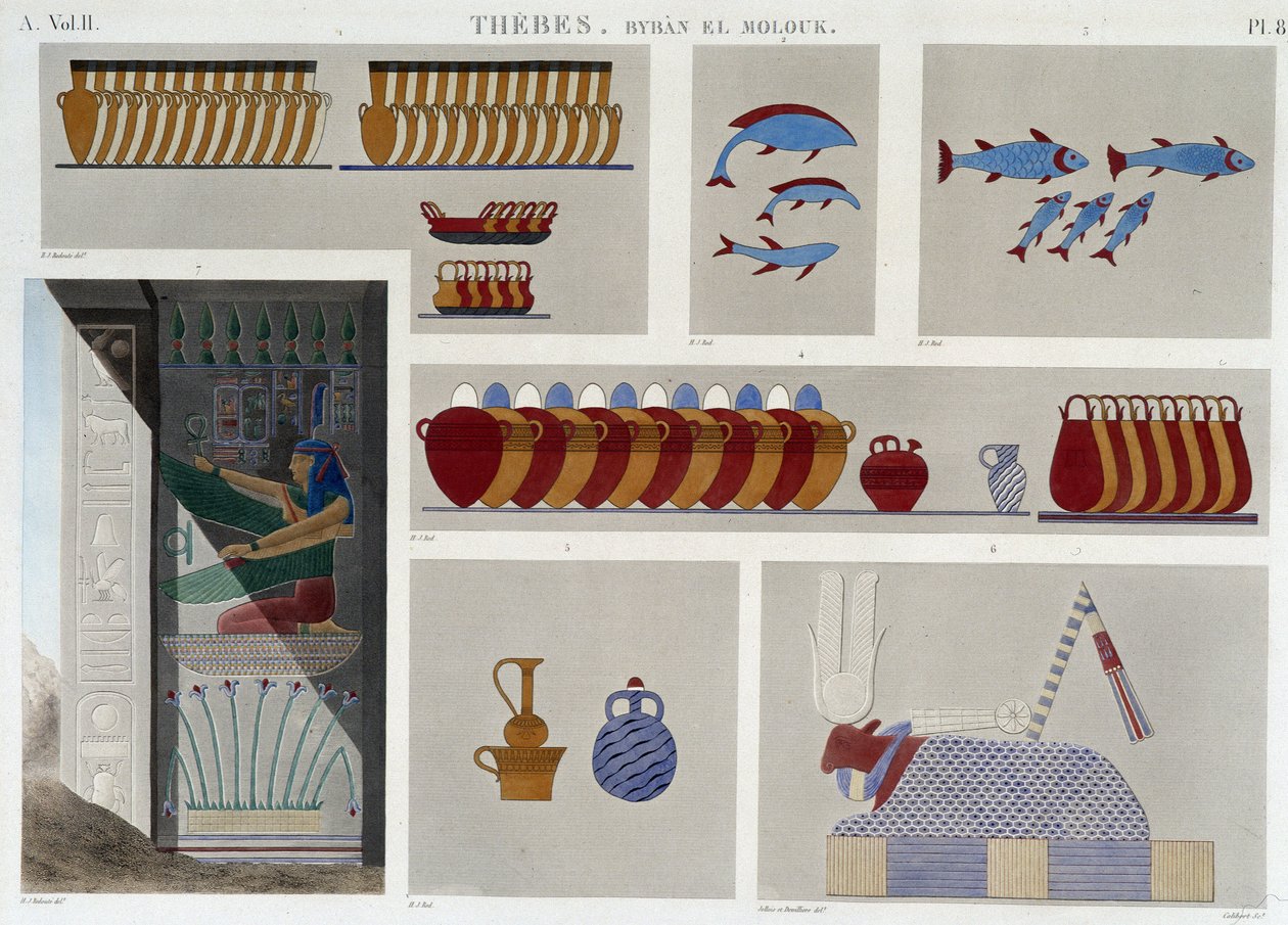 底比斯。第87页：东面第五座国王墓的绘画，"Egypt Antiquites "中同一墓室入口处的第七块浮雕，日期：19世纪。19世纪 作者 未知艺术家