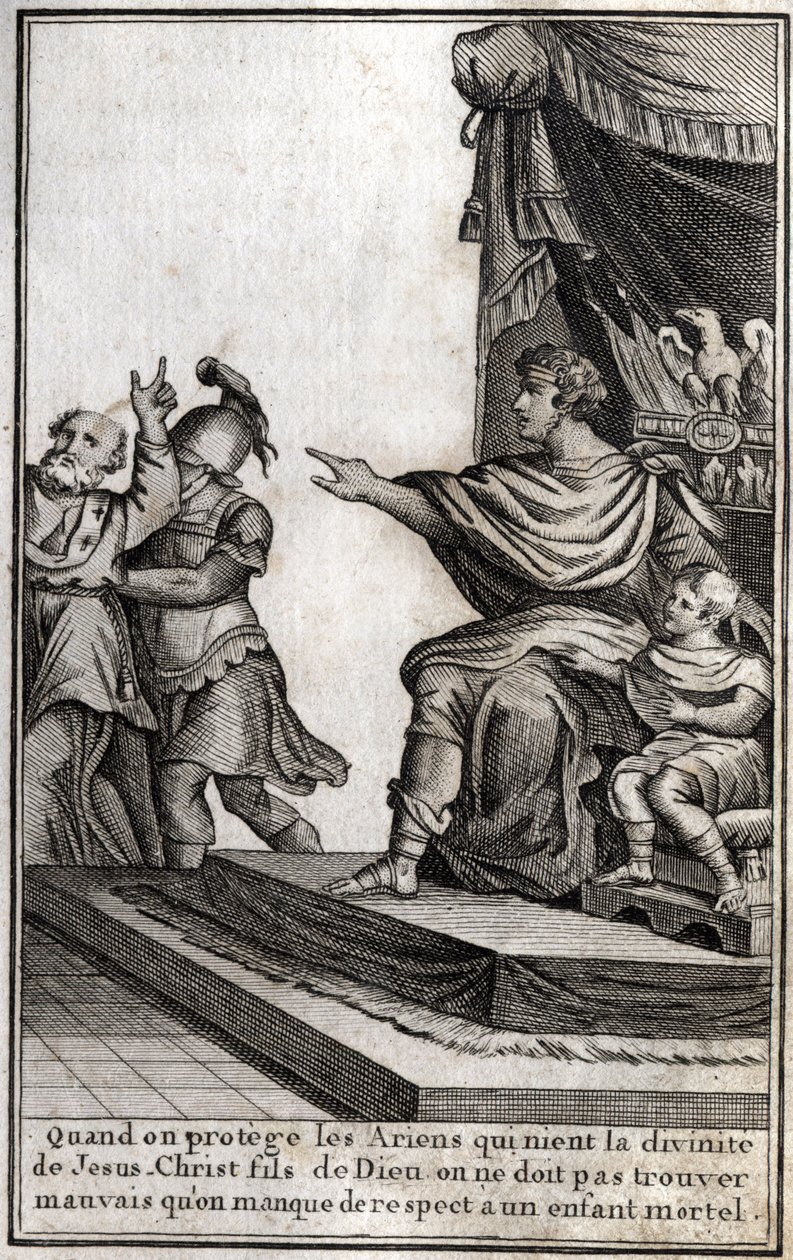 罗马皇帝狄奥多西一世（Flavius Theodosius）（347-395年）以不尊重他的儿子阿卡迪乌斯（377-408年）为由，将伊科内的埃维克（Amphiloque）逮捕。该文宣称 "当我们保护那些否认上帝之子耶稣基督的神性的阿里安人时，我们必须 作者 未知艺术家