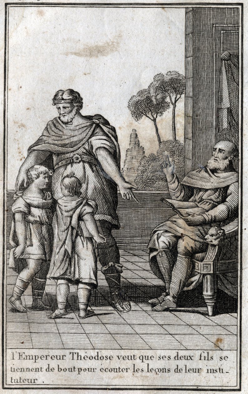 罗马皇帝狄奥多西一世（Flavius Theodosius）（347-395）要他的两个儿子阿卡迪乌斯（377-408）和霍诺里乌斯（384-423）站起来听他们老师的课。4世纪。在 "Beaute de l