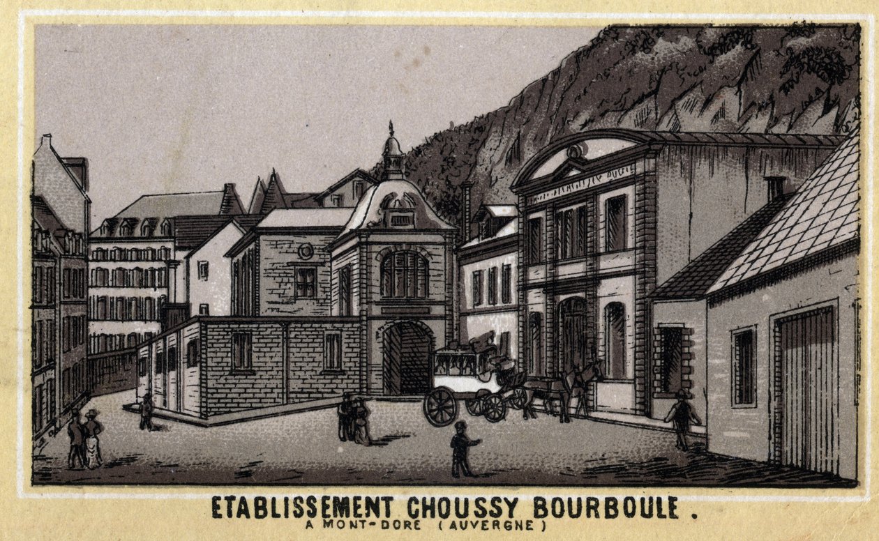 位于奥弗涅省Puy-de-Dome的Monts Dore山地的Choussy a Bourboule热力机构。19世纪末的彩色石版画。 作者 未知艺术家