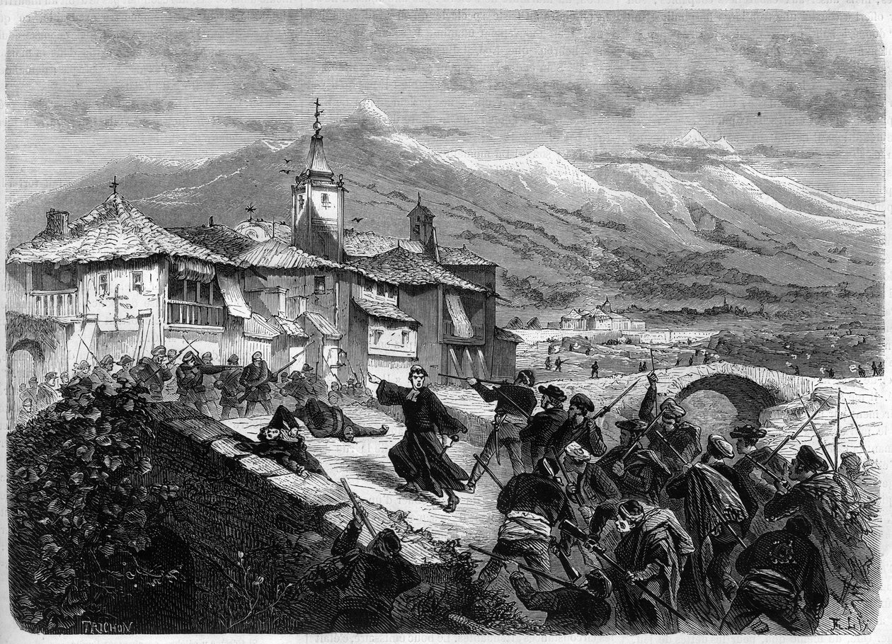 第三次卡洛斯战争（1872-1876）。在西班牙纳瓦拉，政府军与卡洛斯主义乐队之间的战斗。载于 "辉煌的世界 "的雕刻品 作者 未知艺术家