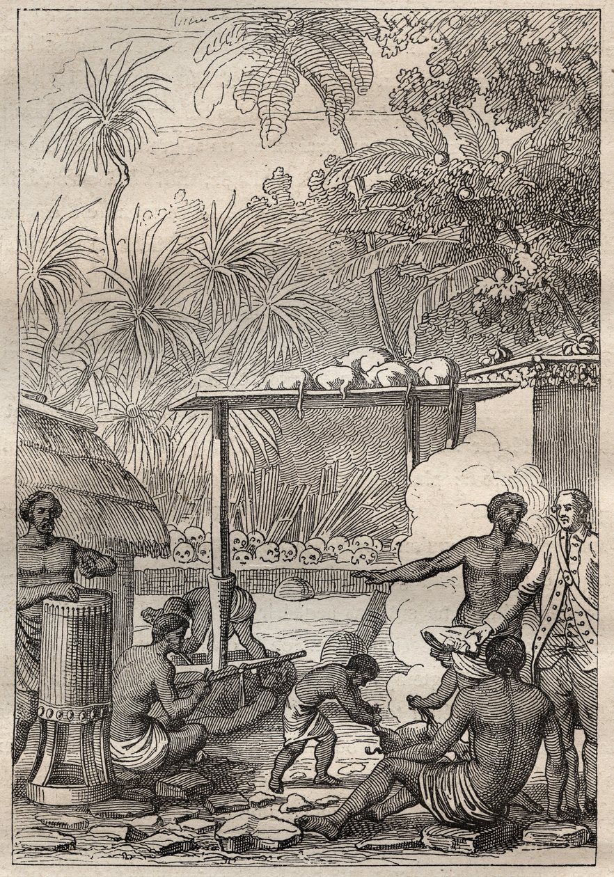 詹姆斯-库克船长（1728-1779）的第三次航行（1776-1779）：到塔希提岛的人祭 - 插图摘自 "18世纪伟大的航海家" 作者 未知艺术家