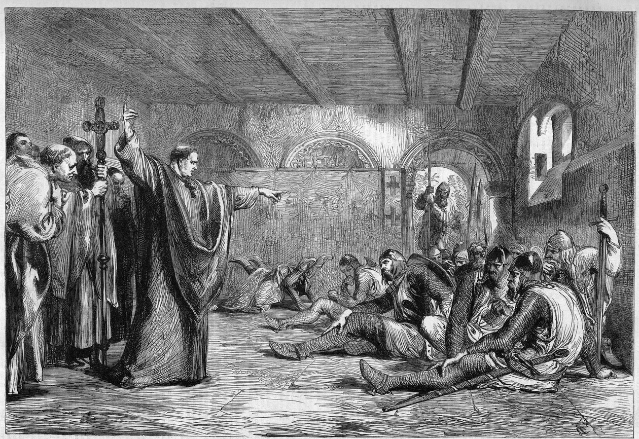 托马斯-贝克特于1170年12月29日去世：坎特伯雷的圣托马斯大主教（1117-1170）在他的公寓里会见了他的刺客，特拉西的威廉骑士、布列塔尼的理查德骑士、雷金纳德-菲祖尔斯骑士、莫维尔的胡格骑士（国王H的支持者）。 作者 未知艺术家