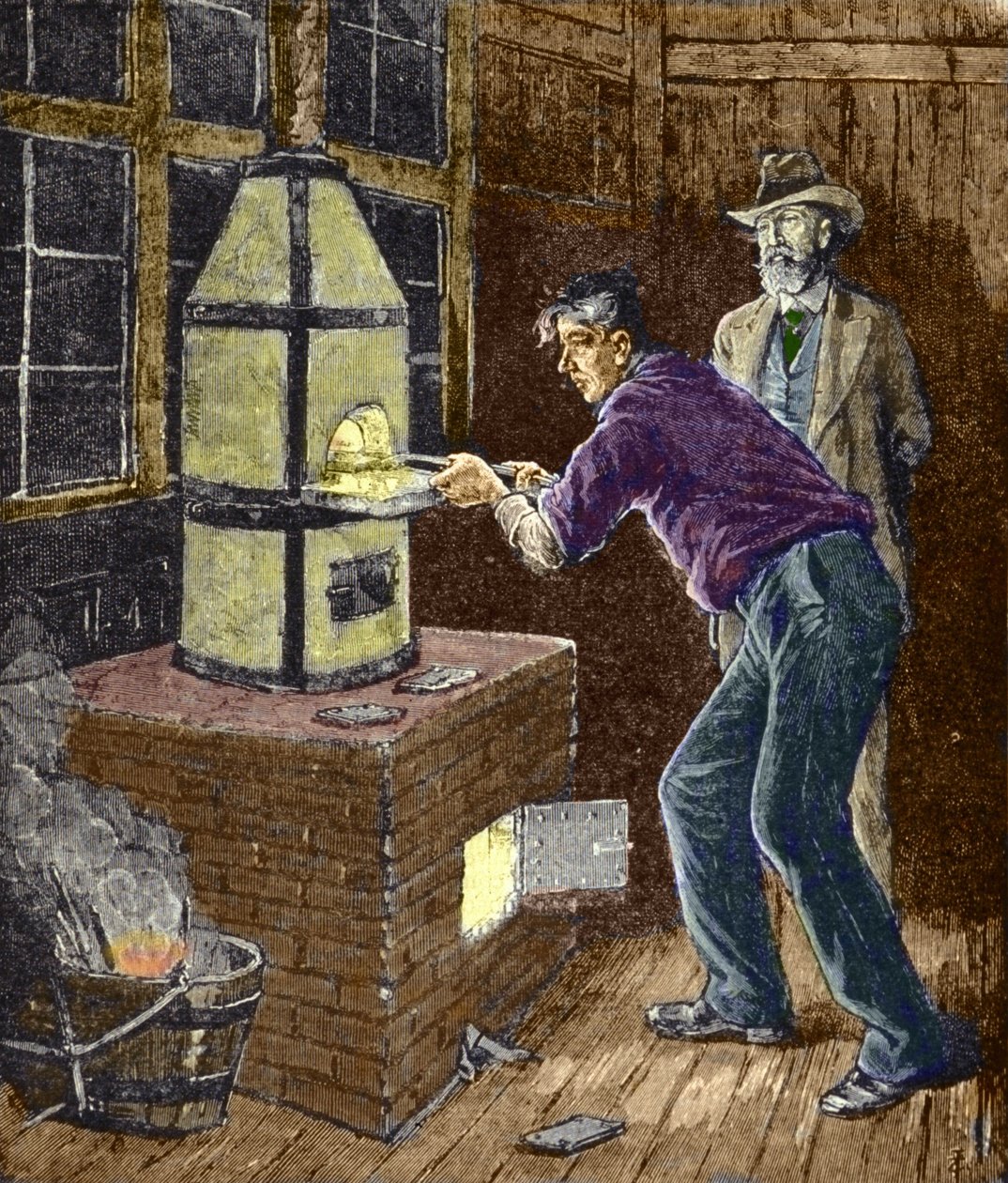 托马斯爱迪生在 1879 年左右用复写纸做白炽灯的实验。 作者 未知艺术家