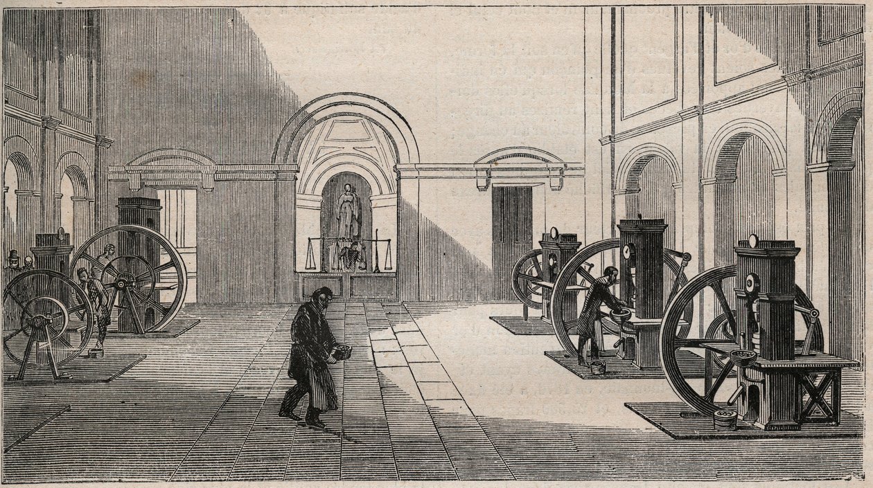 Thonnelier在巴黎的La Monnaie的货币印刷机--1877年的雕版画 作者 未知艺术家