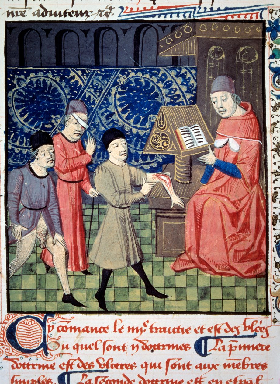 三名手臂、眼睛和性生活溃疡患者出现在医生面前。 Guy de Chauliac (1290? 1368) 所著的“手术”(Folio 66) 的缩影。 15 世纪的手稿。 BN, 巴黎 作者 未知艺术家