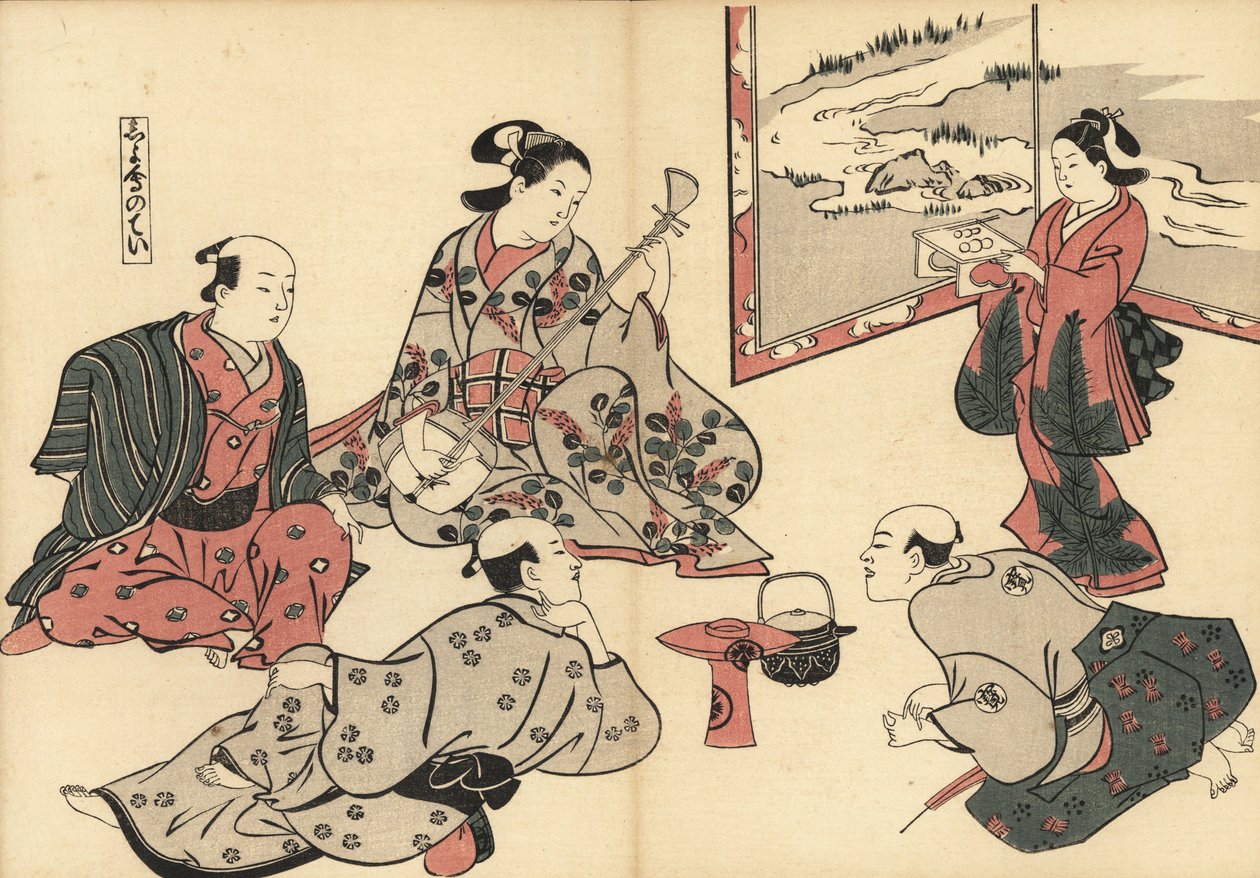 三名武士聆听一名妓女弹奏三味线，一名神室将食物放在托盘上。 奥村正信（Masanobu Okumura，1686-1764 年）的木刻版画，出自 Fuzoku Emakimono，《水务贸易图卷》，东京，约 1880 年重印。 作者 未知艺术家