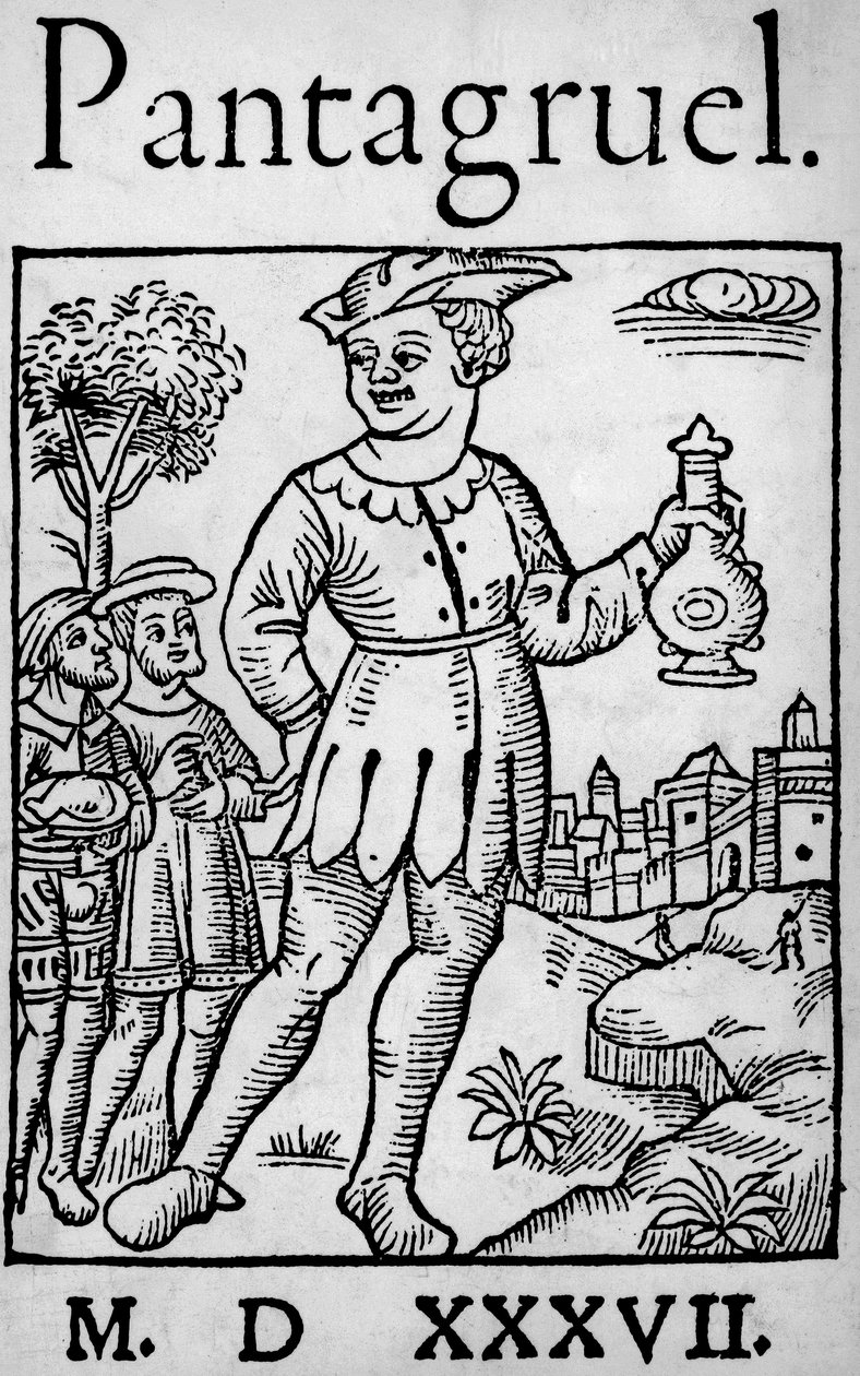 弗朗索瓦-拉伯雷的《潘塔格鲁尔》1537年版的扉页--巨人潘塔格鲁尔和他的两个使徒，出自《潘塔格鲁尔的弟子》。 作者 未知艺术家