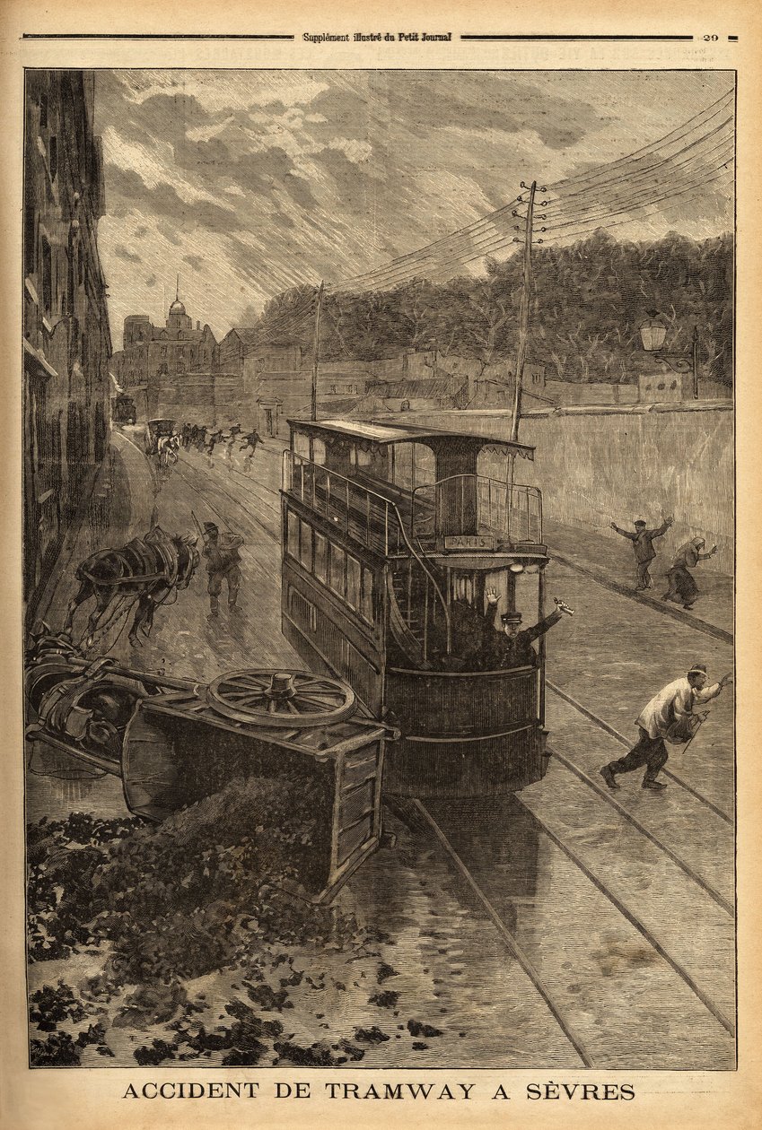 Sevres 的电车事故，财产损失但没有人员伤亡。 雕刻在“”Le petit journal””24/01/1897。 塞尔瓦收藏。 作者 未知艺术家