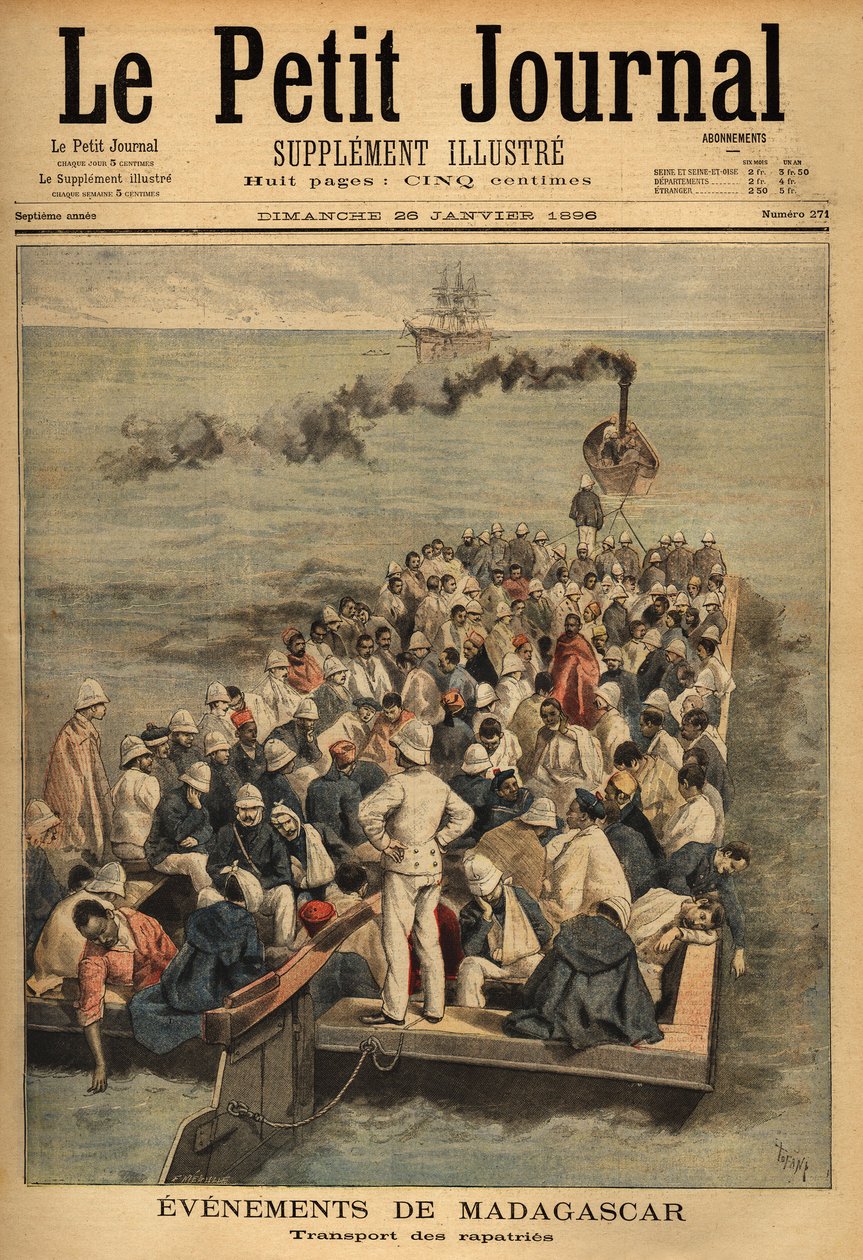 从马达加斯加运输受伤的油菜花。1896年1月26日 "小杂志 "上的雕刻。塞尔瓦的收藏。 作者 未知艺术家