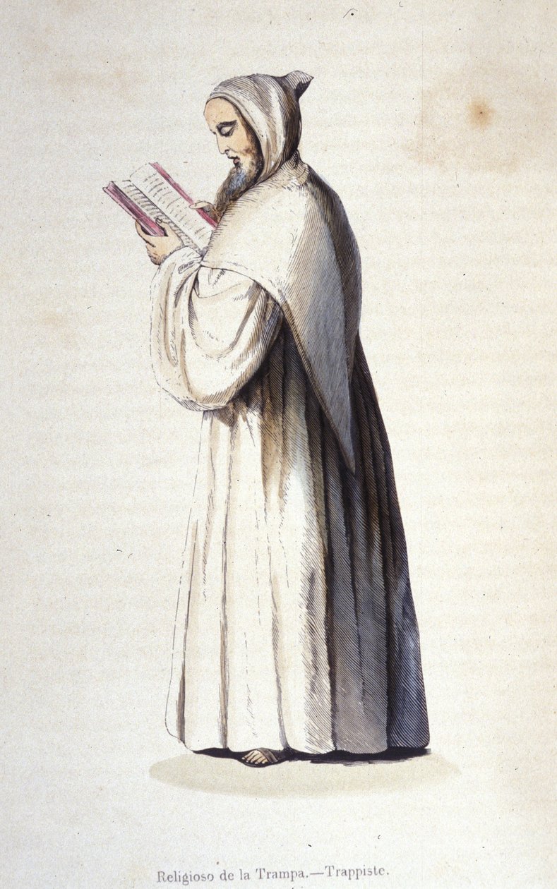 Trappist 修道士，Citeaux 骑士团遵守 Rancé 于 1664 年建立的 Trappe 改革规则。 19 世纪的雕刻。 作者 未知艺术家