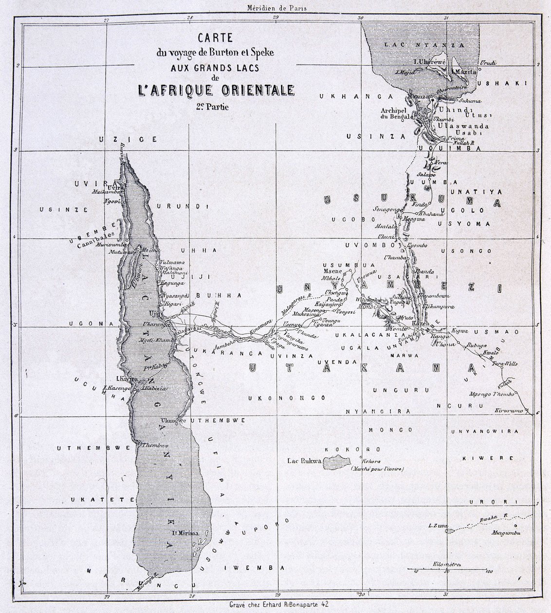 英国探险家理查德·弗朗西斯·伯顿 (1821-1890) 和斯皮克 1857-59 年前往东非五大湖的旅行地图 - 在世界巡回赛中 作者 未知艺术家