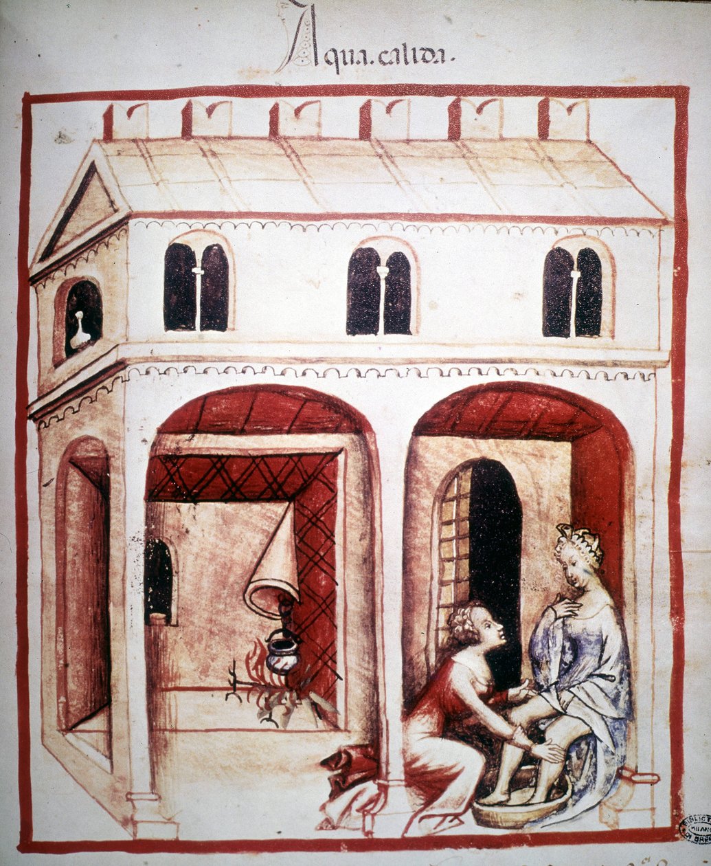 14 世纪的医学论文“Tacuinum sanitatis”：热水的使用。 B.N，维也纳。 作者 未知艺术家